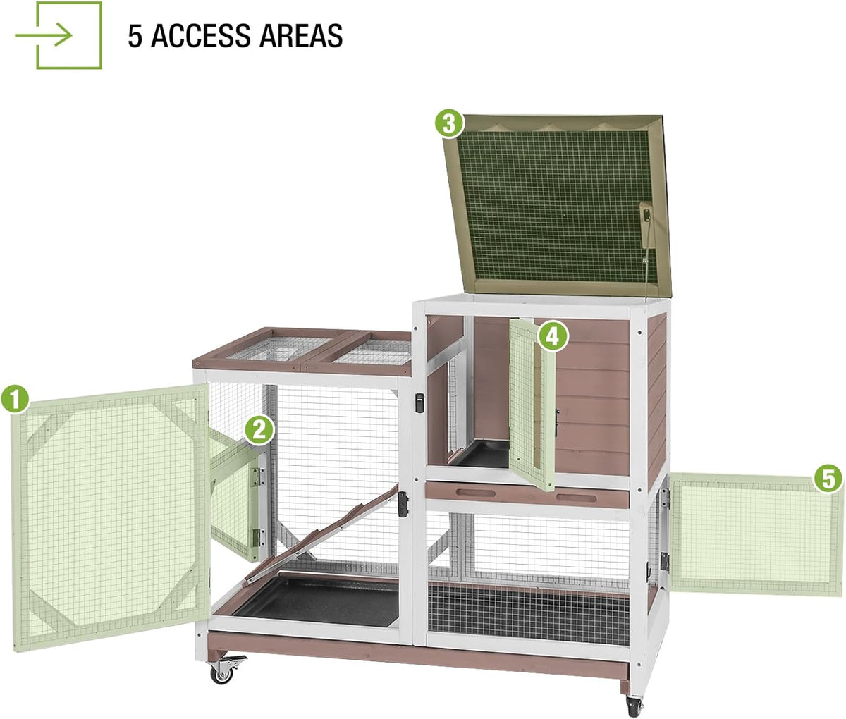 Rabbit Hutch Outdoor Indoor,Two Story Wooden Bunny Cage with Casters,Guinea Pig Cage for Small to Medium Animals with Waterproof Roof and Leakproof Tray