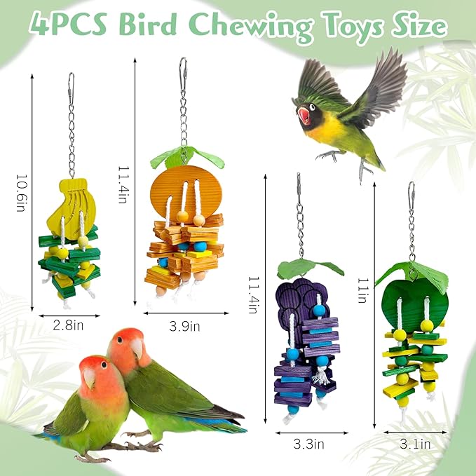 Hamiledyi Natural Wood Block Bird Cage Toys Parrot Chewing Toy Orange&Apple& Banana&Grapes Shaped Hanging Foraging Toy for Small&Medium Birds Parakeets Cockatiels,4pcs