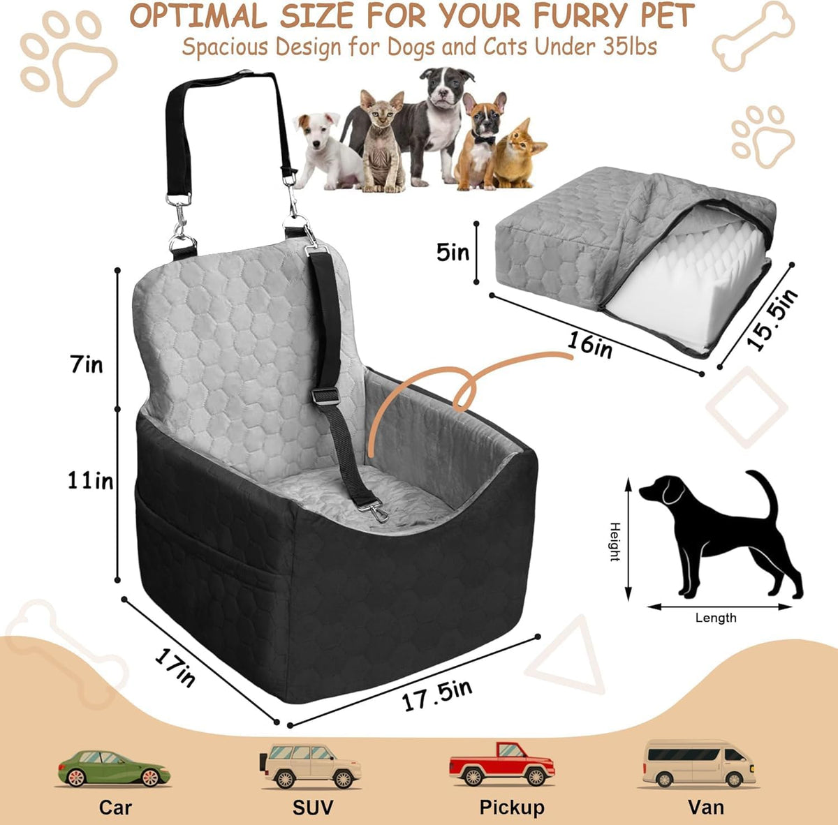 Dog Car Seat for Small/Medium Dogs - Dog Booster Seat with Safety Straps & Non-Slip Base, Travel Pet Car Seat with Storage Pockets, Washable & Removable, Suitable for Dogs Under 35 lbs (Black&Gray)