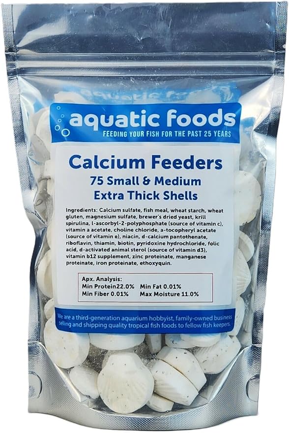 Aquatic Foods Inc. Calcium Feeder Small & Medium Shells. Extra Thick Shells for Shrimp, Snails, Crabs, Crayfish, Hermit Crabs and All Tropical Fish…75 Count Bag