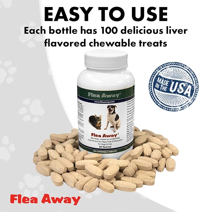 Flea Away All Natural Supplement for Fleas, Ticks, and Mosquitos Prevention for Dogs and Cats, 100 Chewable Treat Tablets, 2 Pack