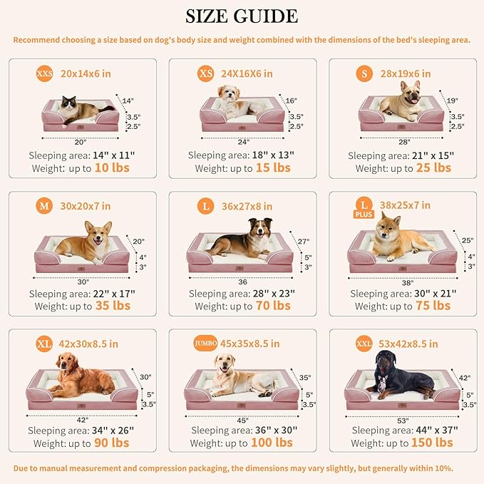 Comfort Expression Orthopedic Dog Bed for Medium Dogs 28x19 Inch, Waterproof Supportive Egg Crate Foam Medium Pet Bed with Removable Bolsters, Dog Couch with Washable Cover & Non-Slip Bottom, Pink