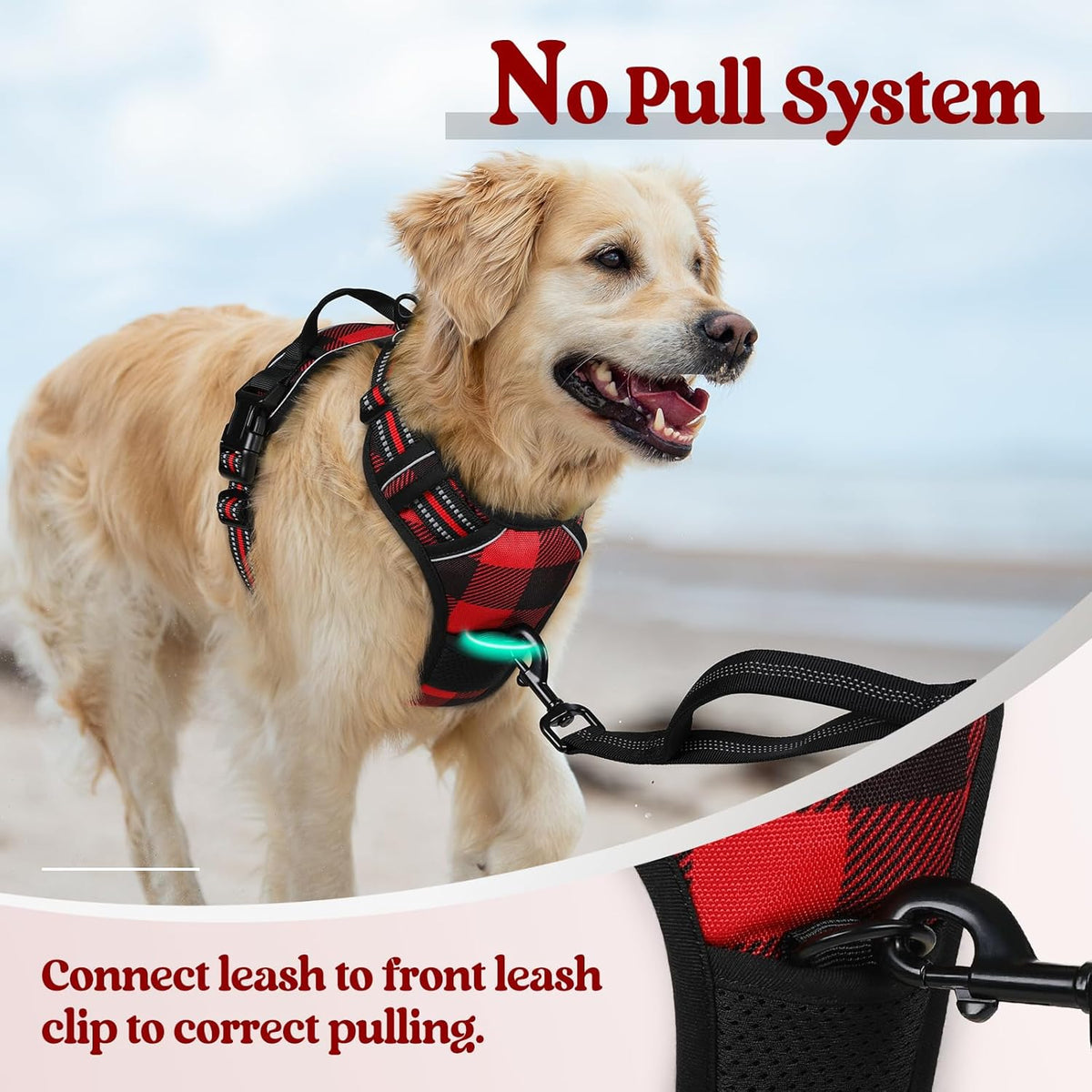rabbitgoo Dog Harness No Pull with 2 Leash Clips, Adjustable Soft Padded, Reflective Oxford No Choke Pet Vest with Easy Control Handle for Large Dogs, Red Plaid, XL
