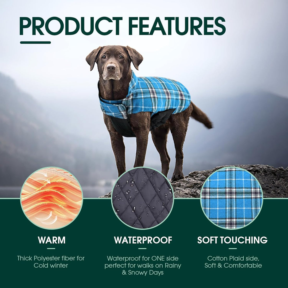Kuoser Warm Dog Coat, Waterproof Dog Coats for X-Small Dogs, Adjustable Durable Doggie Winter Jacket Reversible Cozy Puppy Cold Weather Apparel from Small to Large Breed, Blue XS