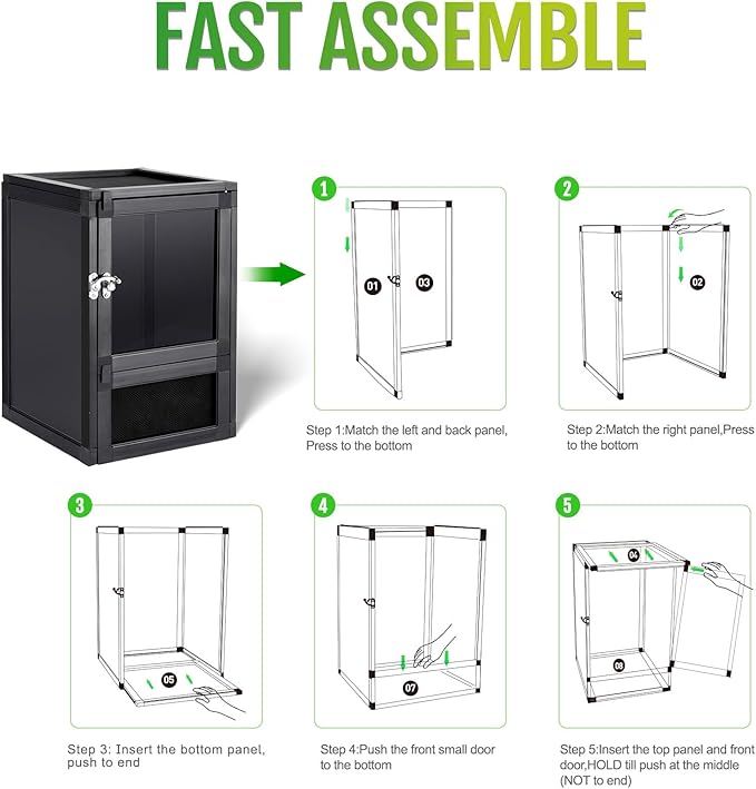 8" x 8" x 12" Small Reptile Cage Hatching Habitat, Screen & Acrylic Doors, Ventilated Terrarium for Lizards, Snakes, Frogs, Easy Assembly, Two Doors