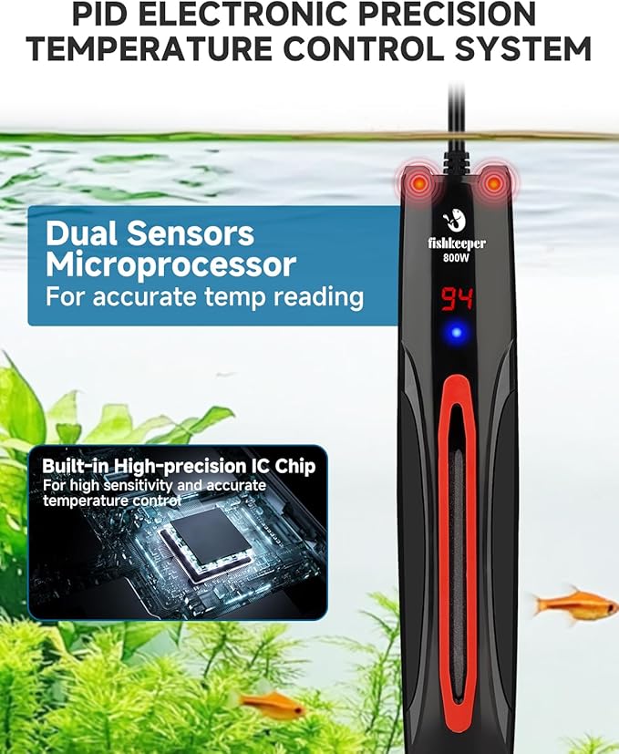 fishkeeper 800W Submersible Aquarium Heater for 80-220 Gal Fish Tanks (Run-Dry/Overheat/Low-Temp Protection)(Precision Electronic Smart Thermostat)(Adjustable Temperature) Ultra-Safe Fish Tank Heater