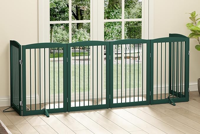 Freestanding Pet Gate for Dogs, Foldable Wooden Dog Gate for House, Extra Wide Indoor Pet Barrier for Stair, Doorway, Hall, Support Feet Included, 120 Inch Wide, 6 Panels 24",Green