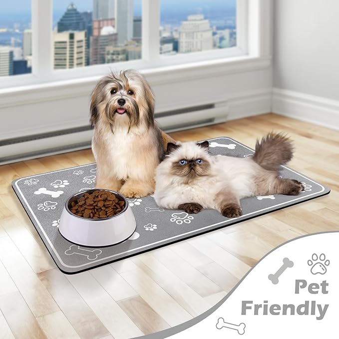 Pet Feeding Mat,Rapid Absorbent Mats for Dog Cat Food, Dog Placemat Water Bowl Mat with Rubber Backing,Messy Drinkers to Protect Floors, Pet Accessories 16"×24" Grey