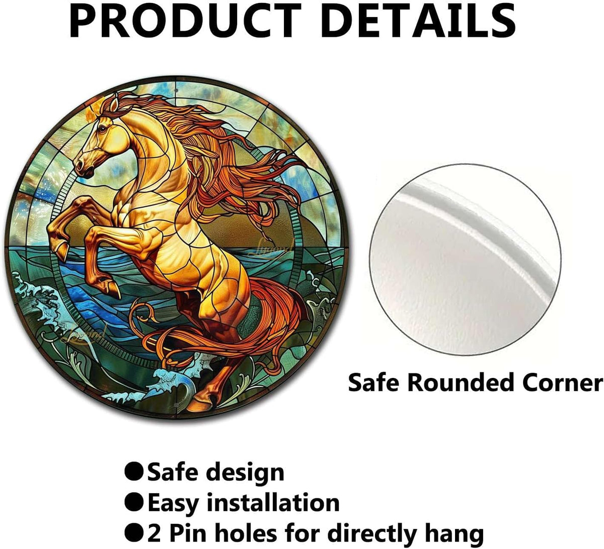 Lygond Metal Sign Tin Sign Circular Stained Glass Horse Funny Outdoor Decor for Bar 12×12 Inches