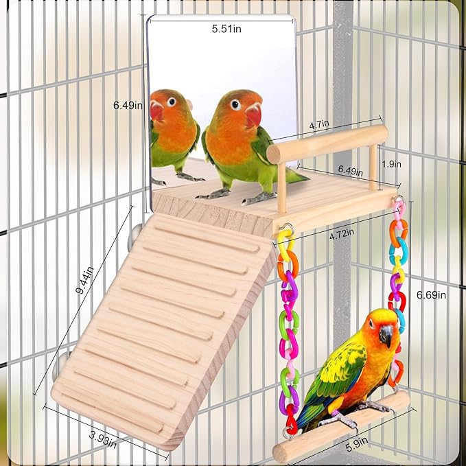 KyoukiBird Perch Platform Bird Toys with Bird Mirror Climbing Ladder Swing, Parakeet Cage Accessories - for Cockatiels, Lovebirds, Budgies,Pacific Parrotlets,Finch,Canaries - Wooden Play Gym