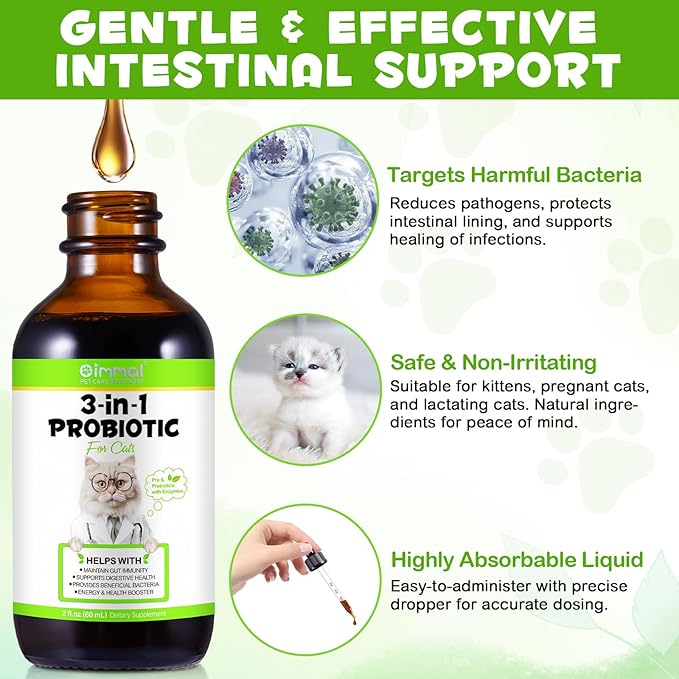 3 in 1 Probiotics for Cats, Cat Digestive Support,Daily Digestive Health Supplement with Multiple Strains of Bacteria Help with Diarrhea,Gas and Bloating, Cat Herbal Supplements- 60ml