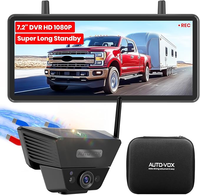 AUTO VOX Wireless Backup Camera Solar Magnetic: with 7.2" DVR 1080P 2 Split Recording Monitor, Dual Antenna Stable Signal,IP69K & 1-Min Install,HD IR Night Vision for Truck, Trailer, RV, Camper