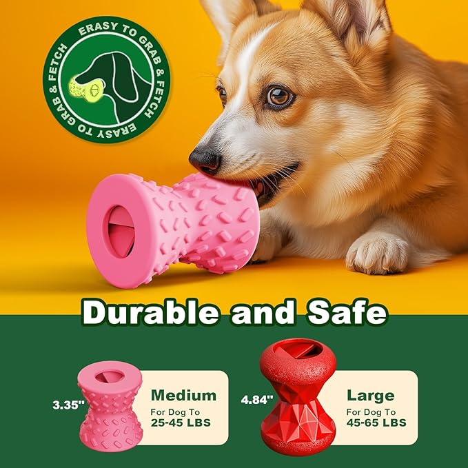 Puppy Toys, Dog Toys for Small Dogs, Treat Toy for Traning, Interactive Toy, Dog Treat Dispenser Toy, Natural Rubber Dumbbell Shaped(Pink)