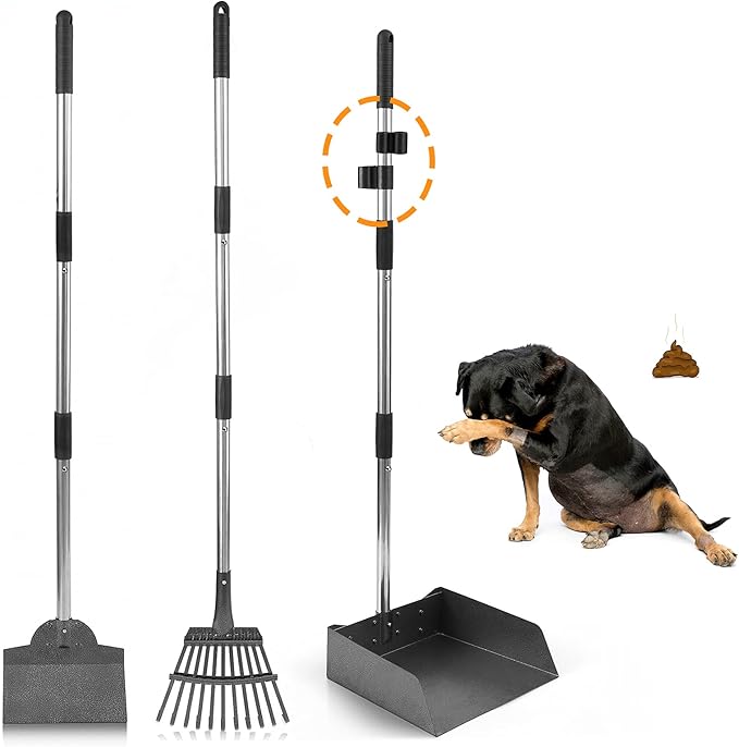Dog Pooper Scooper, Adjustable Handle Poop Scooper with Tray,Rake and Spade Set of 3, Steel Stainless Poop Scoop for Medium Large Dogs and Pet Waste on Grass, Dirt and Gravel (Large Size)
