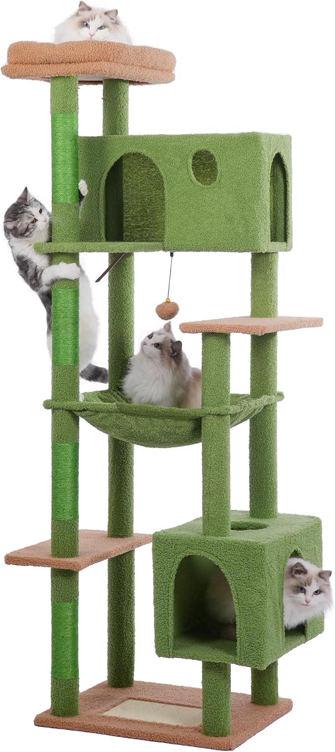 72” Cat Tree for Large Cats Big Cat Tower with Enlarged Hammock 21.6x17.7” Spacious Cats Condo House and Roomy Top Bed and Multiple Scratch Posts for Indoor Adult Cats (Green, XLarge-72)