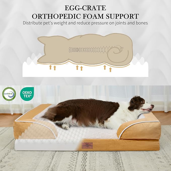 Comfort Expression Orthopedic Dog Bed for Medium Dogs 28x19 Inch, Waterproof Supportive Egg Crate Foam Medium Pet Bed with Removable Bolsters, Dog Couch with Washable Cover & Non-Slip Bottom, Caramel