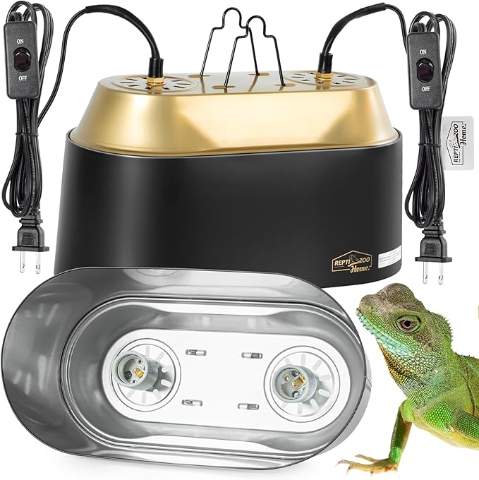 Dual Reptile Light Fixture with Switches, High Reflection Dome Reptile Heat Lamp Fixture, Terrarium UVB Basking Bulb Fixture for Reptiles Bearded Dragon Snake Tortoise, Max 150W Each