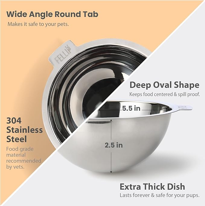 Felli Pet Oblik Acrylic Raised Dog Food Water Bowl Stainless Steel Slanted Oval Dish for Short Leg Puppy & Small Medium Pet, Elevated Tilted Metal Feeder Angled Plastic Spill Proof (1.5Cups, Gold)