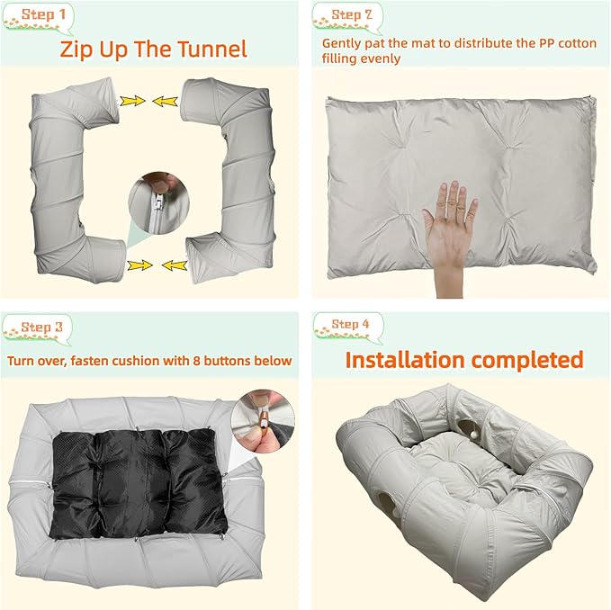 XxingSheep 4 Ways Shuttled XL Cat Tunnel Bed for Indoor Cats Peekaboo Cat Cave Donut with Cool Mat