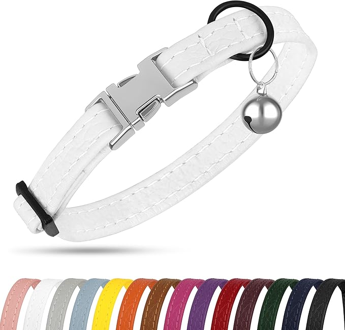 Leather Cat Collar with Buckle and Removable Bell - Non Breakaway Adjustable Soft Safety Small Pet Collars for Girl Boy Cats Kitten (White)