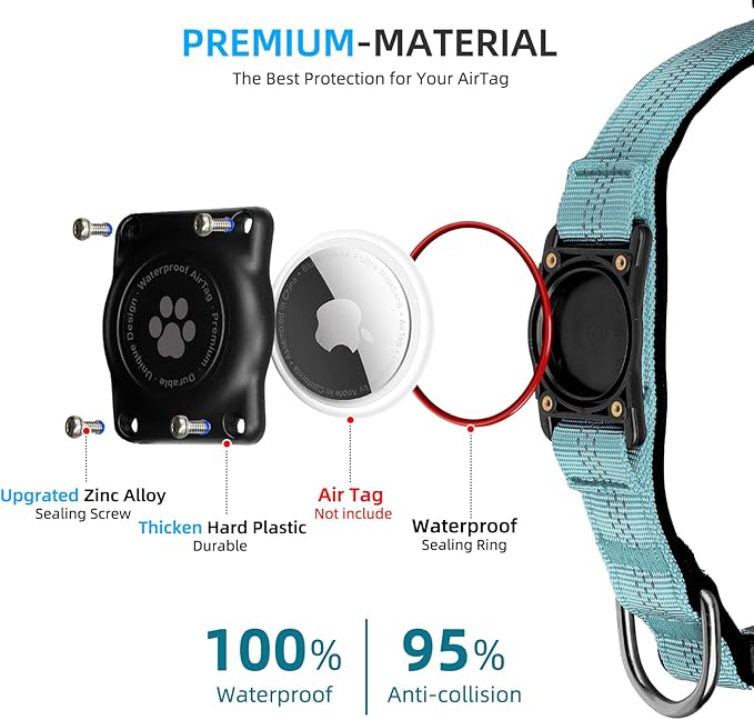 Upgraded AirTag Dog Collar, IP68 Waterproof Air Tag Dog Collar Holder, Reflective, Ultra-Durable, Comfortable Padded, Heavy Duty Dog Collars for Small Medium Large Dogs (S (10.6"-13.6"), LightBlue)