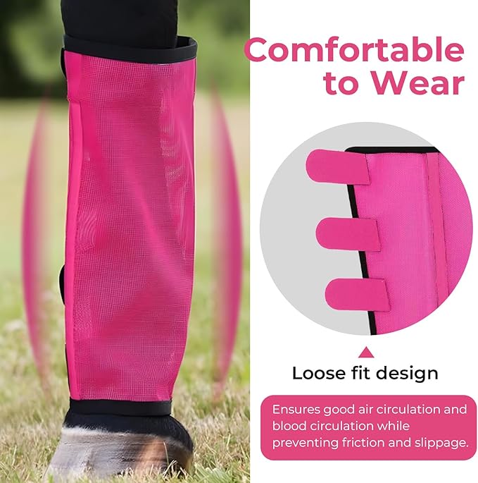 Mesh Horse Fly Boots Set of 4，Adjustable and Universal Loose Fitting & Non-Slip Horse Fly Leggings for Horses,Reduce Stressful Stomping (Pink)