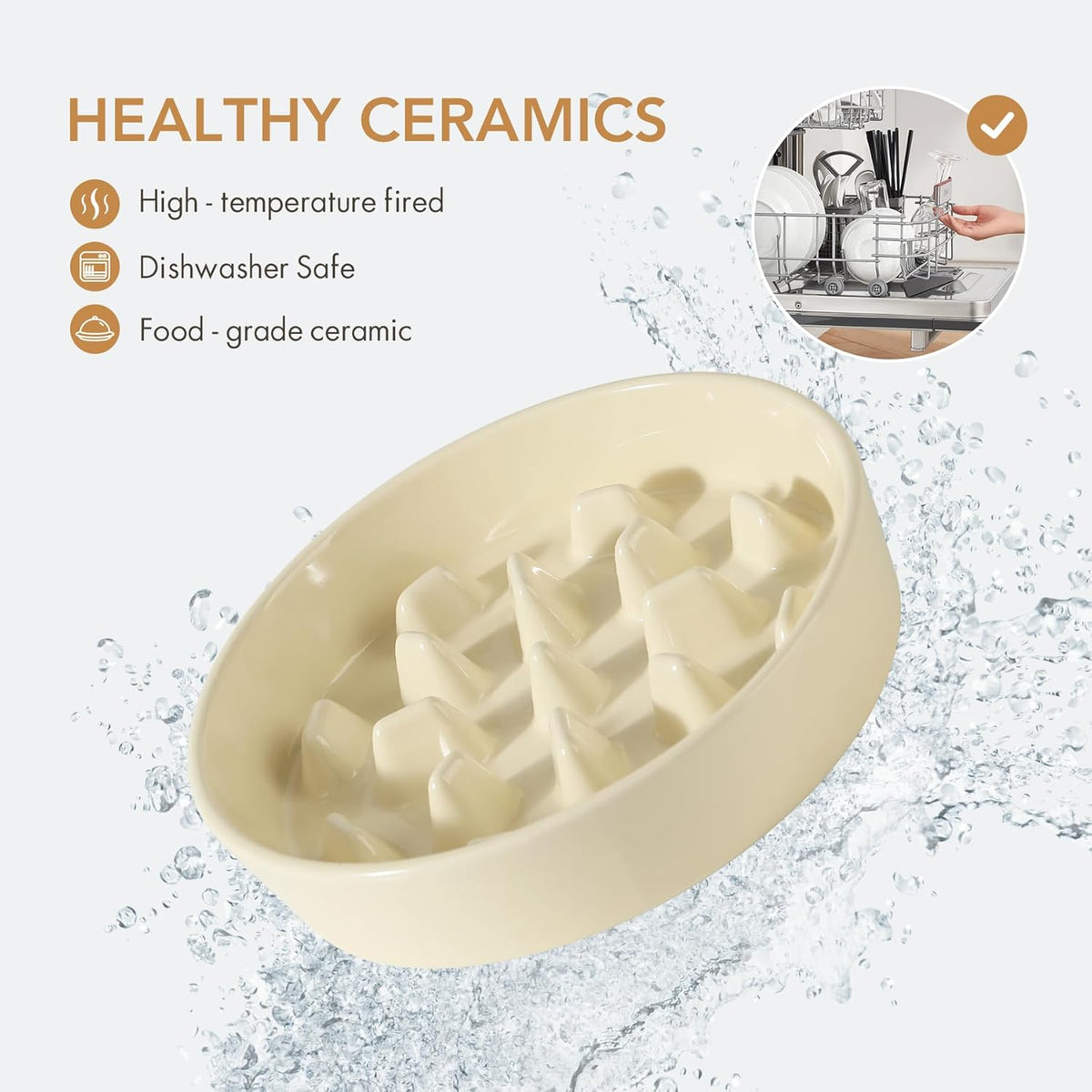Ceramic 9.5 inch Dog Bowl Slow Feeder, Slow Pet Food Dish for Large Dog, Stop Bloat, Preventing Choking(Single Bowl, Beige)