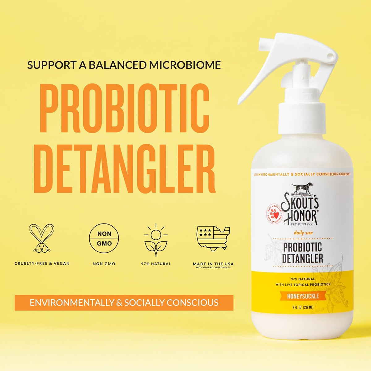 Skout's Honor Probiotic Pet Detangler Spray - Hydrating & Conditioning w/Avocado Oil, 97% Natural, Paraben & Sulfate-Free, softens for a More brushable Coat, Daily Use, 8oz, Honeysuckle