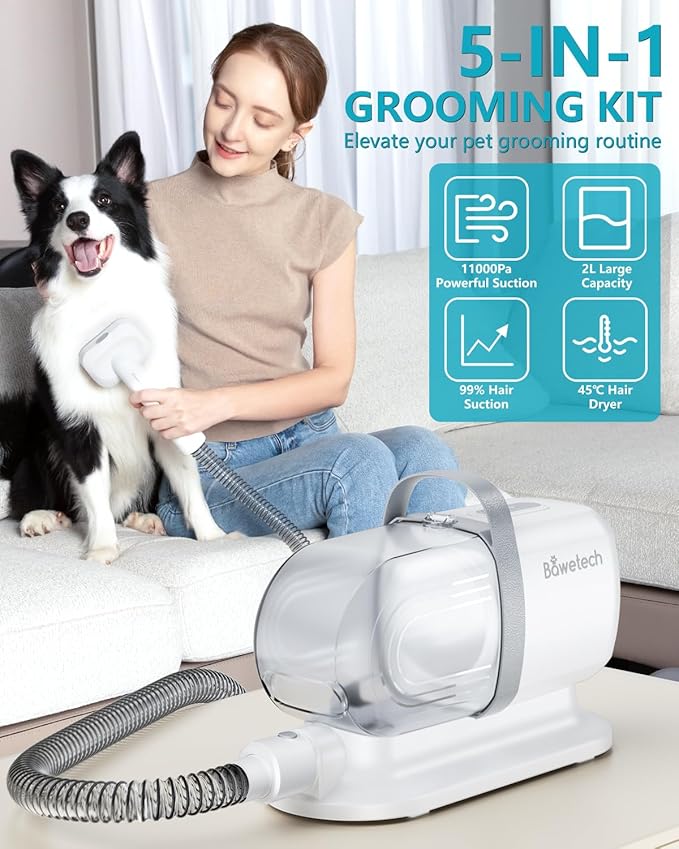 Dog Grooming Vacuum, Bawetech B2 5-in-1 Pet Grooming Kit with Dog Clipper, 11000Pa Suction | 2L Capacity | 113℉ Dryer | Low Noise Pet Hair Removal Tool Pet Supplies, 2025 Upgraded
