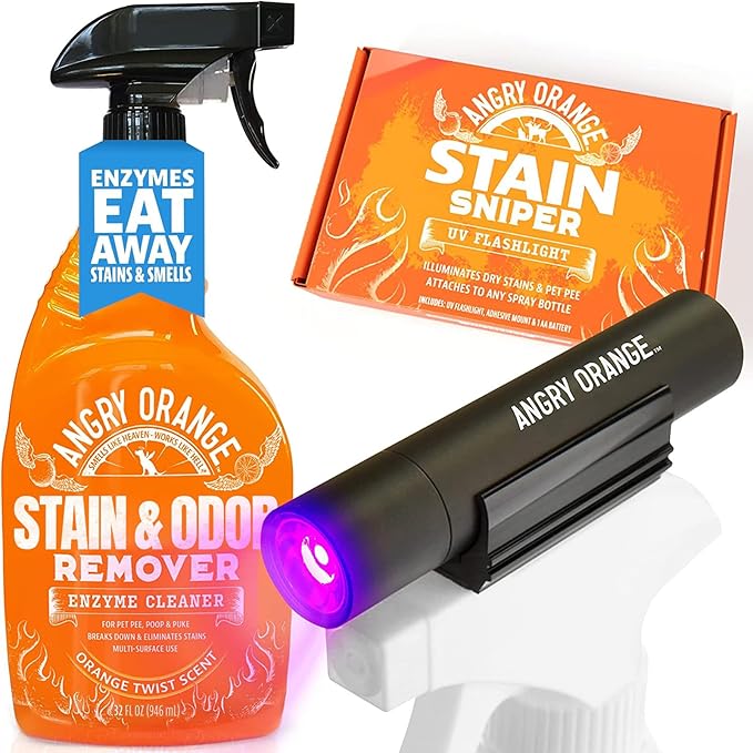 ANGRY ORANGE Pet Stain Remover Kit for Dog Urine - Enzyme Cleaner - Citrus - 32 oz + UV Flashlight