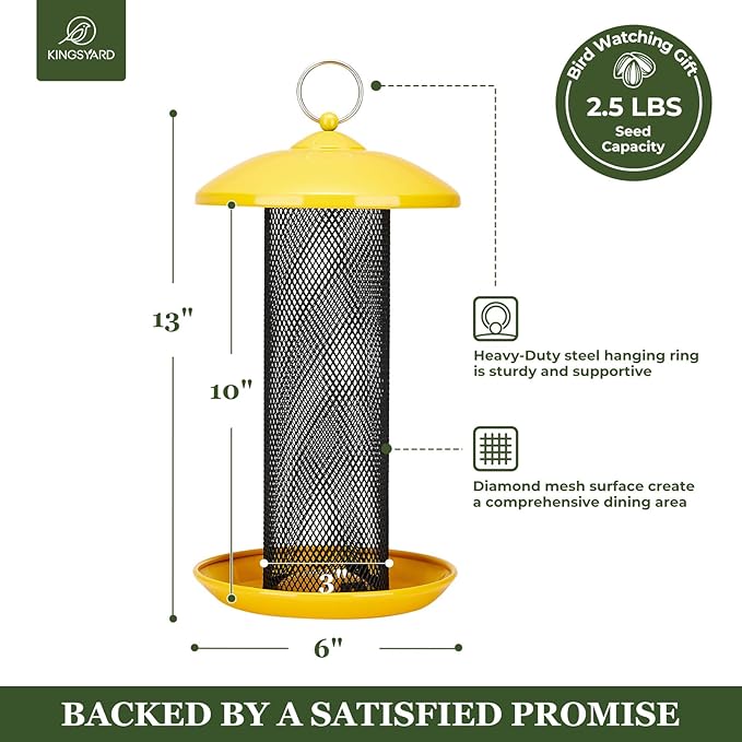 Kingsyard Finch Feeders for Outdoors Hanging, Metal Mesh Tube Bird Feeder for Nyjer/Thistle Seed, 2.5 lbs Large Capacity (Yellow)