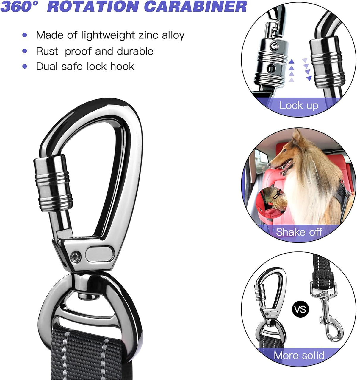 AUBELL Dog Seat Belt for Car,2 Pack Set 3-in-1 Adjustable Reflective Bungee Heavy Duty Dog Car Harness Tether with Clip Hook Latch & Buckle,Swivel Zinc Alloy Carabiner,Black+Black