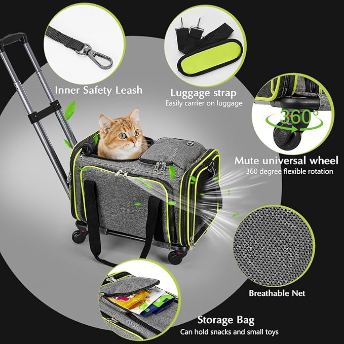 Pet Carrier with Wheels for Cat and Small Dog, Expandable Airline Approved Pet Carrier for Animal Under 15 lbs, Rolling Cats Puppy Carriers Travel Bag for Traveling and Camping