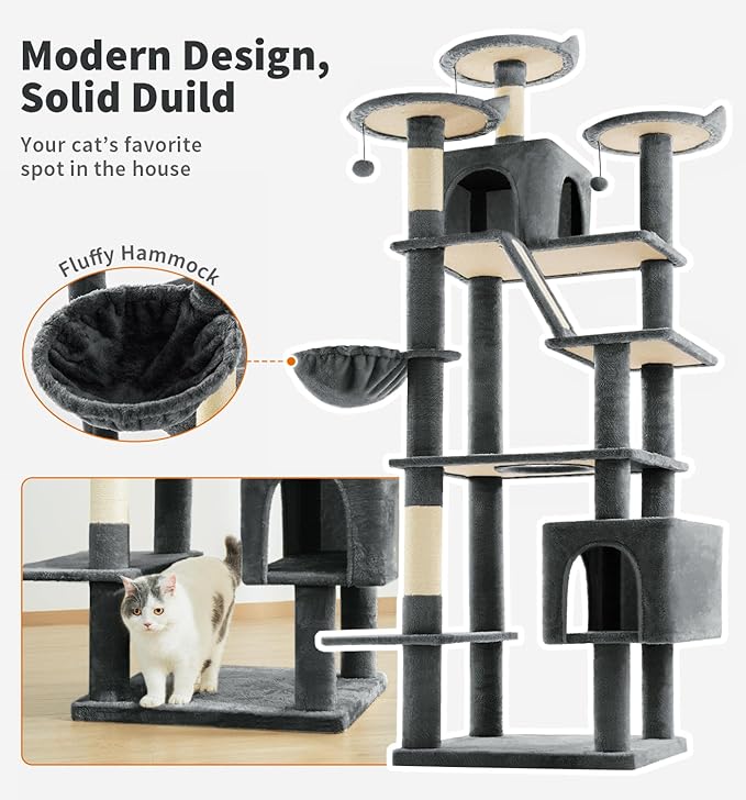 Made4Pets Tall Cat Tree, 80" Cat Tree Tower for Indoor Cats Large Adult, Modern Cat Tower with Scratching Post, Cozy Hammock, 3 Perches and 2 Condos, Sturdy and Fluffy, Dark Gray