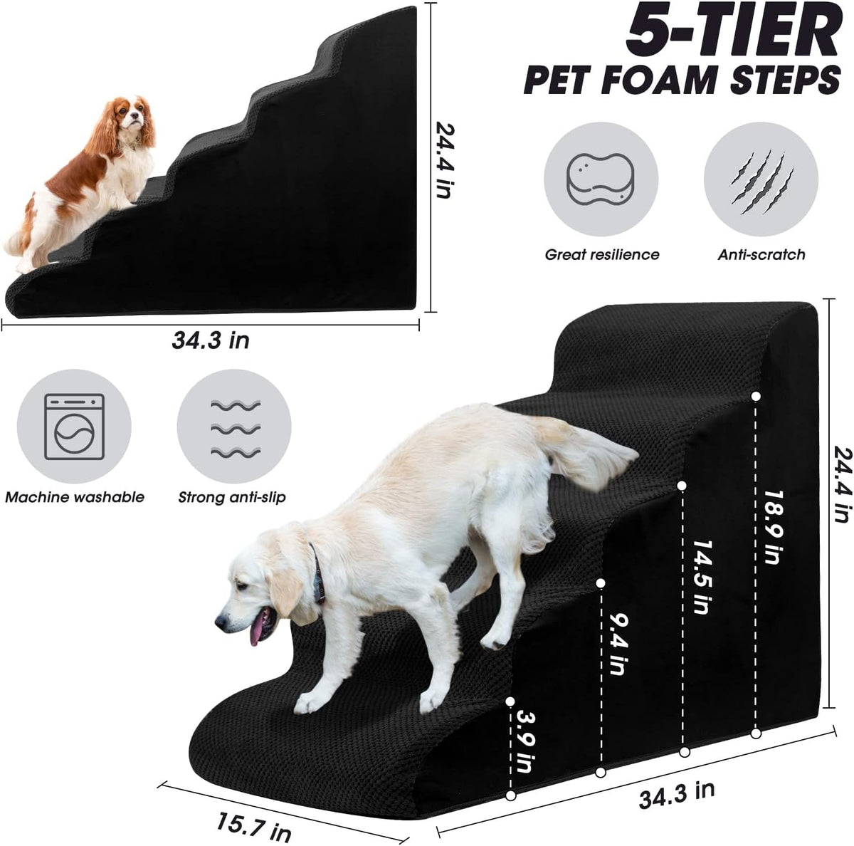 Dog Steps&Stairs for High Beds 24.4 inches High Up to 24-28 inches Bed, Tall Extra Wide Pet Stairs/Steps for High Bedsides,Non-Slip Dog Ramps for Small Older Dogs/Cats(Black)