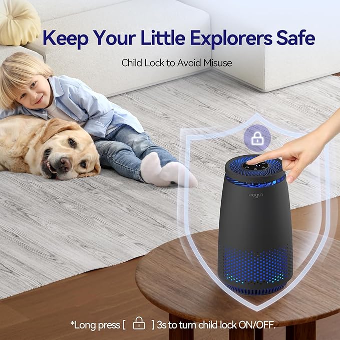 Air Purifiers for Home Bedroom, 3-in-1 HEPA Filter for Pets Dander Dust Pollen Smoke Odors, Quiet Air Cleaner with Sleep Mode, 12H Timer, Night Light, Aromatherapy, Safety Lock, Black