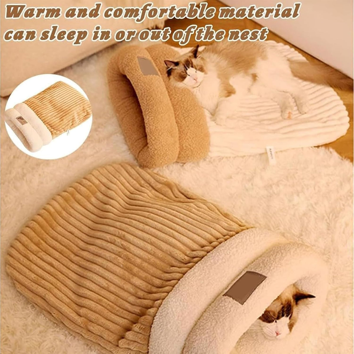 Cat Sleeping Bag for Indoor Cats - Cozy Winter Bed Cave, Warm Soft Fluffy Washable Blanket (G)