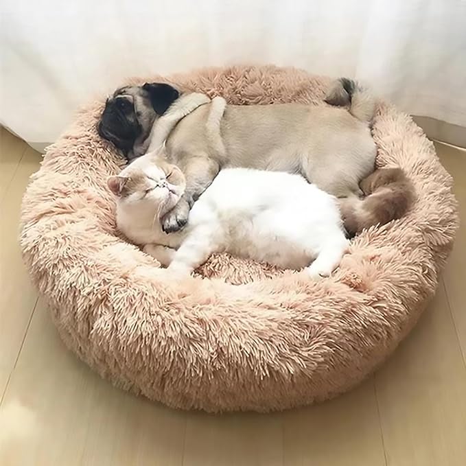Calming Dog Bed for Small Dogs, Calming Donut Cuddler Pet Bed Anti Anxiety Round Dog Bed Fluffy Plush Faux Fur Cat Bed,Blue+White,19.7IN