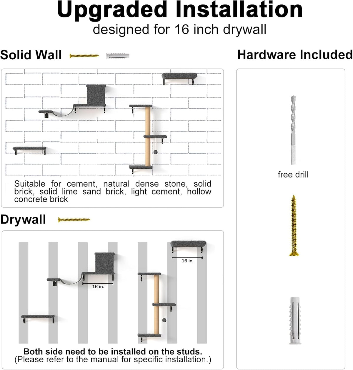 FUKUMARU Cat Wall Shelves, Stable & Safe 4 in 1 Cat Furniture Set, Wooden Climbing Wall with Scratching Post for 16 Inch Drywall - Gray