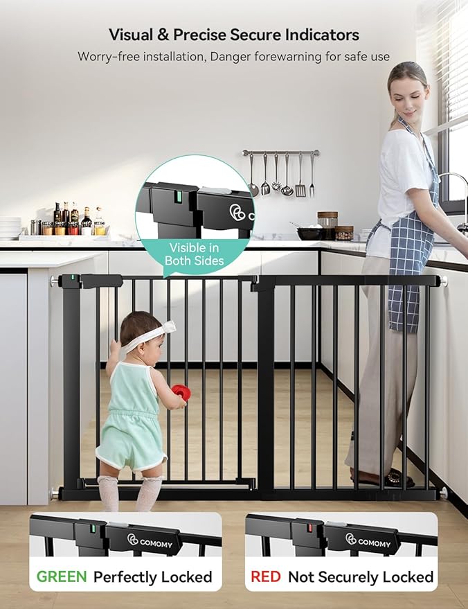 COMOMY 30" Tall Baby Gate for Stairs Doorways, Fits Openings 29.5" to 51.6" Wide, Auto Close Extra Wide Dog Gate for House, Pressure Mounted Easy Walk Through Pet Gate with Door, Black
