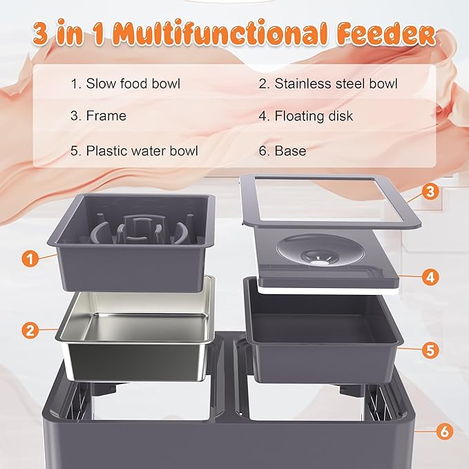 Decflow 3-in-1 Elevated Dog Bowls, 4 Height Adjustable Raised Dog Bowls with Stainless Steel Dog Food Bowls, Slow Feeder, No Spill Water Bowl, DIY Stickers Foldable Pet Bowl for Medium Large Dogs