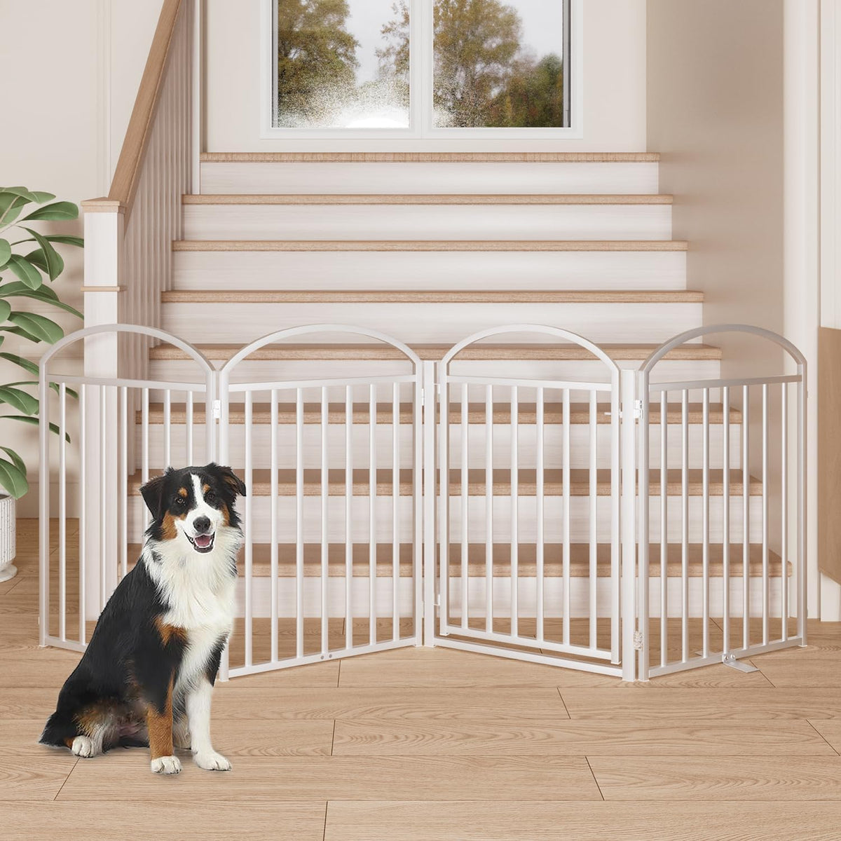 4 Panles Full Matel Freestanding Dog Gates with Door, 96"Extra Wide 32"Tall Free Standing Dog Pet Gate for Indoor & Outdoor. Foldable Pet Fences for Doorways, House, Stairs, Porch, Deck, Yard