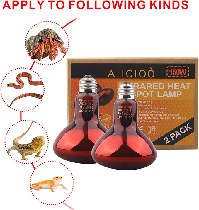 Aiicioo Reptile Red Night Light Bulb - 150W Reptile Heat Lamp Bulb Infrared Basking Spot Lamp for Bearded Dragon Lizard Turtle Hermit Crab Leopard Gecko Snake Chameleon Tank