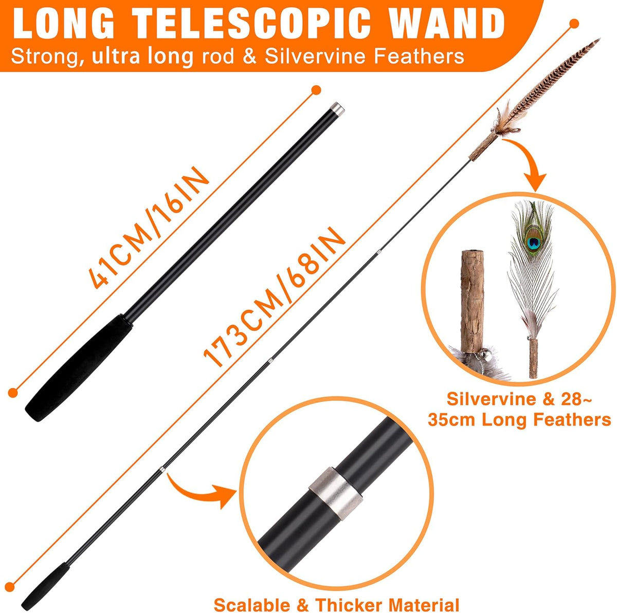 JXFUKAL 2025 Latest Cat Wand Toy, 68”Extra Long Cat Fishing Pole Toy, 4PCS Natural Huge Feather Refills with Silvervine Sticks for Indoor Cats Kitten Kitty Teeth Cleaning Exercise Accessories