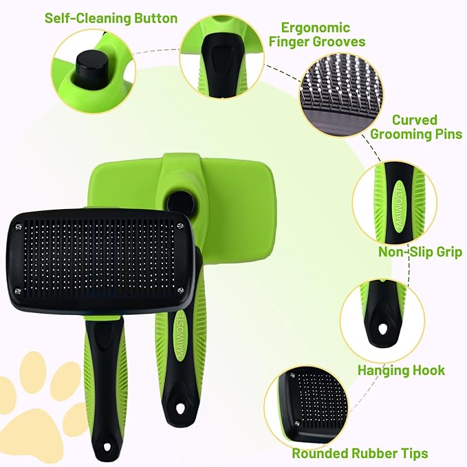 Large Self Cleaning Deshedding Brush for Dogs & Cats - One Button Hair Release Grooming Tool, Gentle Massage Brush for Long and Short Hair (Green)