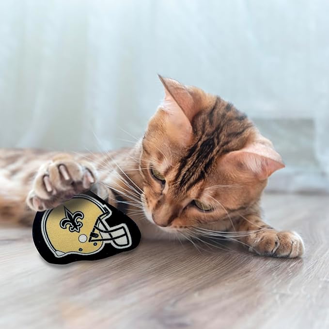 BEST PLUSH CAT TOY: NFL NEW ORLEANS SAINTS Complete Set of 3 piece Cat Toys filled with Fresh Catnip. Includes: 1 Helmet Cat Toy, 1 Football Cat Toy with Feathers & 1 Beer Bottle. Beautiful Team LOGOS