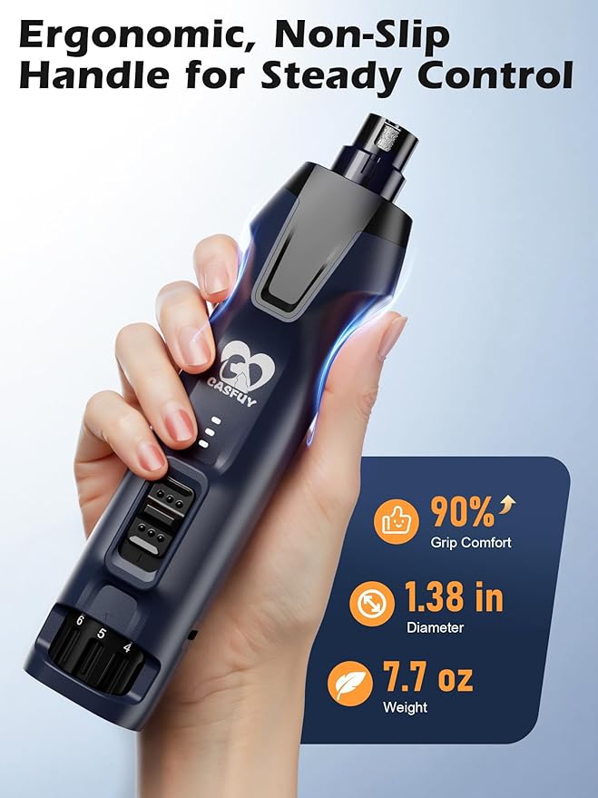 Casfuy 6-Speed Dog Nail Grinder – 50%+ Boost Power Dog Nail Trimmers Quiet with Dust Cap & 2 LED Lights & 2000mAh Battery & 4.8V Motor Electric Pet Toenail File Tool for Large Medium Small Dogs Cats