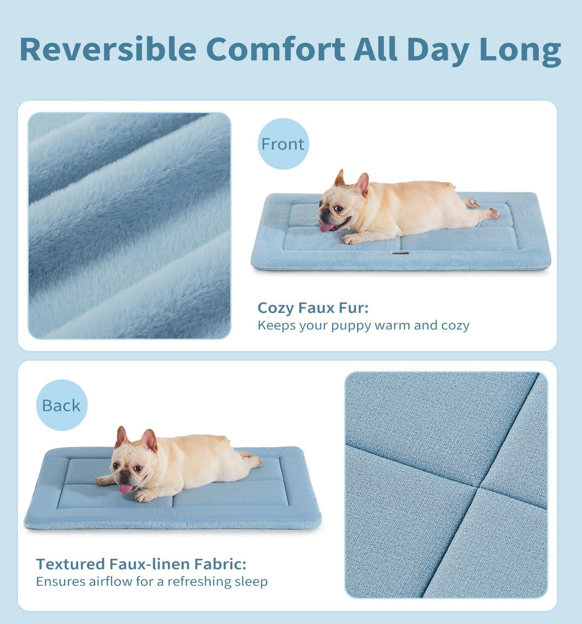 Made4Pets Dog Crate Pad Bed for Medium Dogs, Washable & Reversible, Anti-Slip Kennel Mat for Cozy Sleeping, Soft Fluffy Dog Bed for Indoor & Outdoor Use, 29"x21", Blue