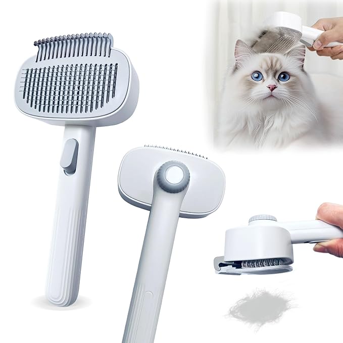 2-in-1 Dog & Cat Grooming Brush – Adjustable Deshedding Comb & One-Touch Clean | Skin-Safe Rake for Mats, Tangles, Shedding | Long/Short Hair Pets