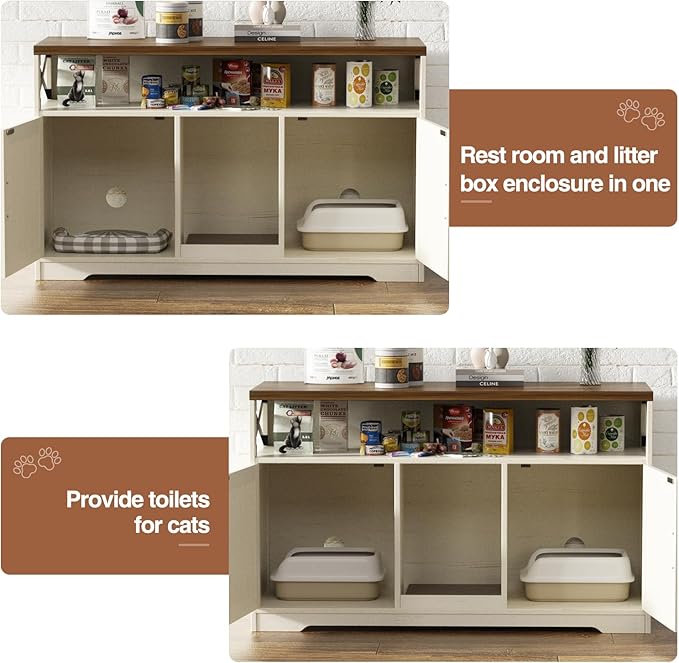 Cat Litter Box Enclosure for 2 Cats, 47" Double Hidden Litter Box Furniture with Scratch Pad, Farmhouse Indoor Litter Box Cabinet Cat Washroom, White